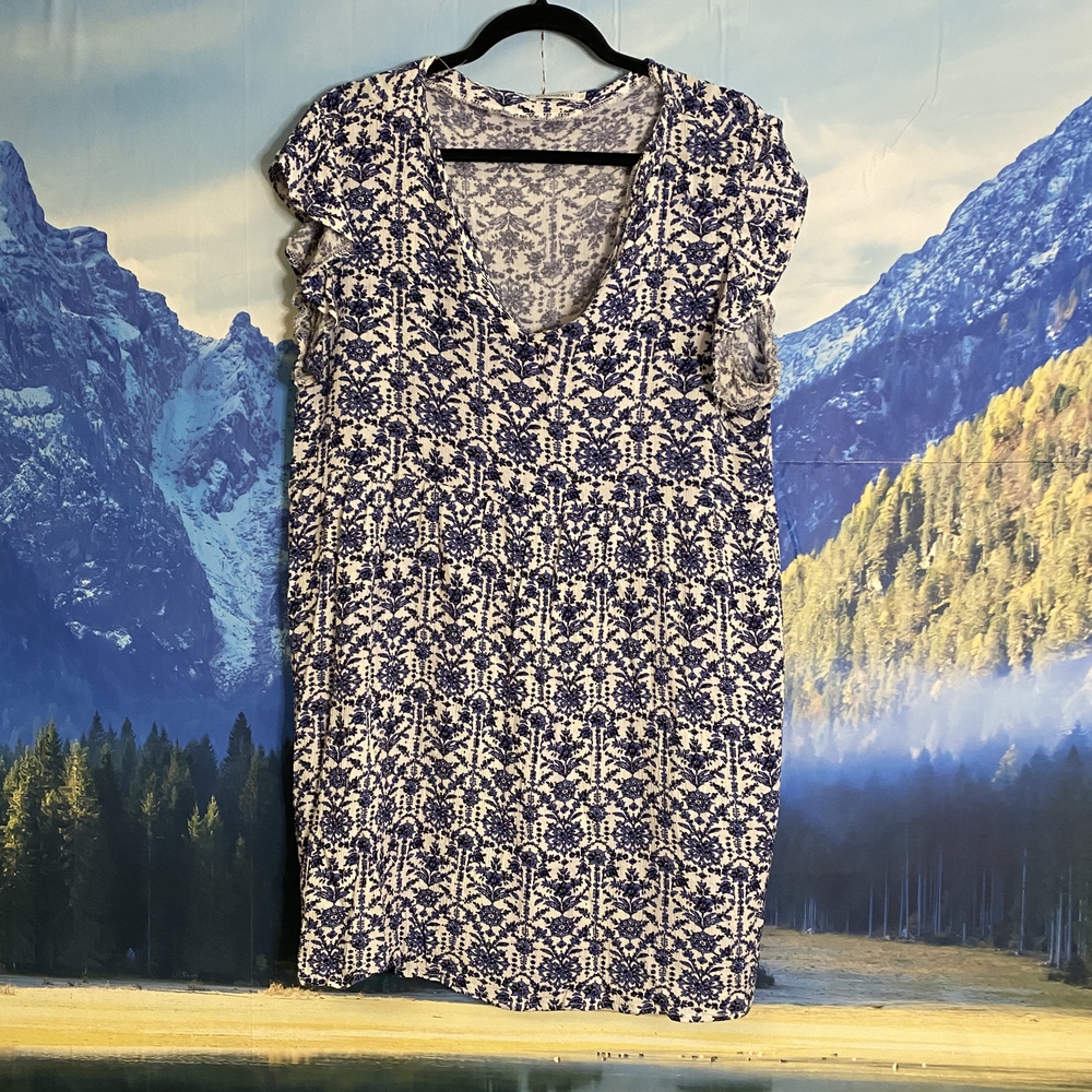 KoanDaily Ruffled Sleeve Spring Lightweight Dress Blue Floral Design Size XL